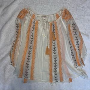 Sundance Embroidered Peasant Top 3/4 Sleeve Boho Blouse White Orange MED